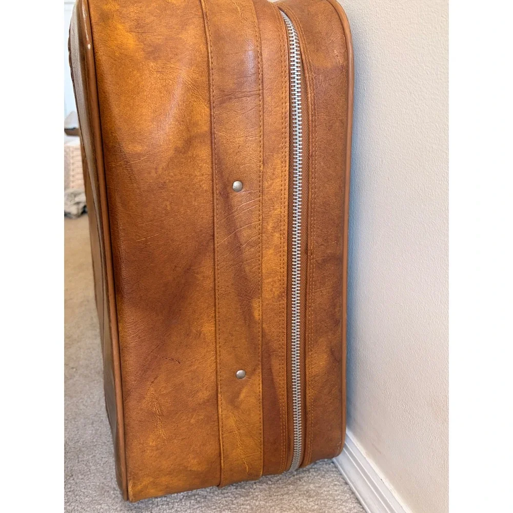 Vintage American Tourister 2 Piece Luggage Set Brown Faux Leather Woven Detail
